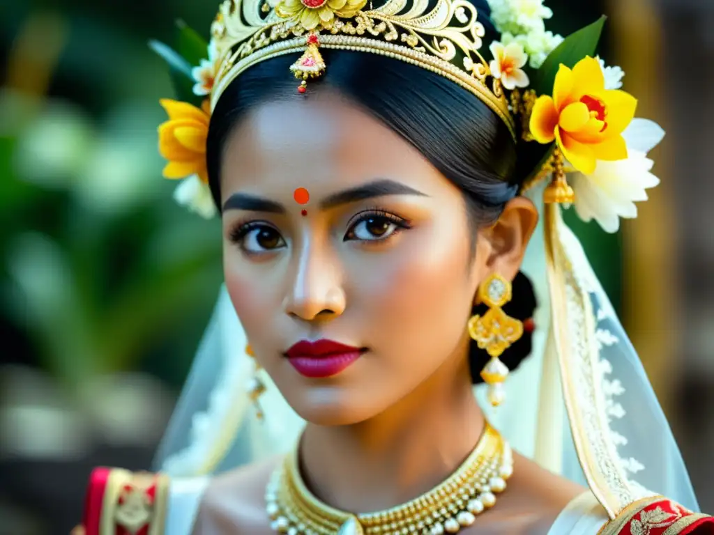 Detalle de la elaborada diadema de una novia balinesa, con decoraciones doradas y flores vibrantes