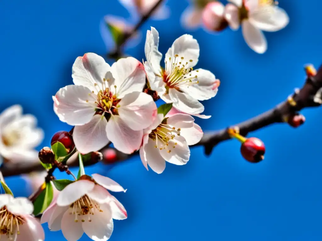 Detalle exquisito de flores de cerezo rosadas en contraste con el cielo azul