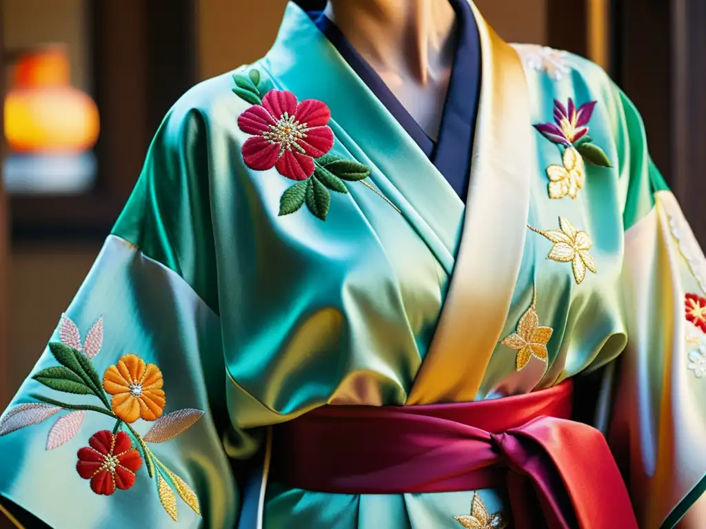 Detalle de un exquisito kimono de seda japonés bordado, reflejando la artesanía y elegancia de los rituales japoneses kimono geishas