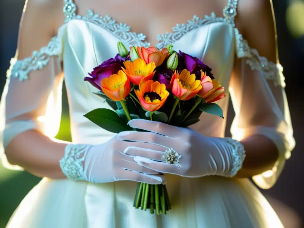 Detalle de un hermoso ramo de novia sostenido por manos de novia, resaltando la elegancia de las flores