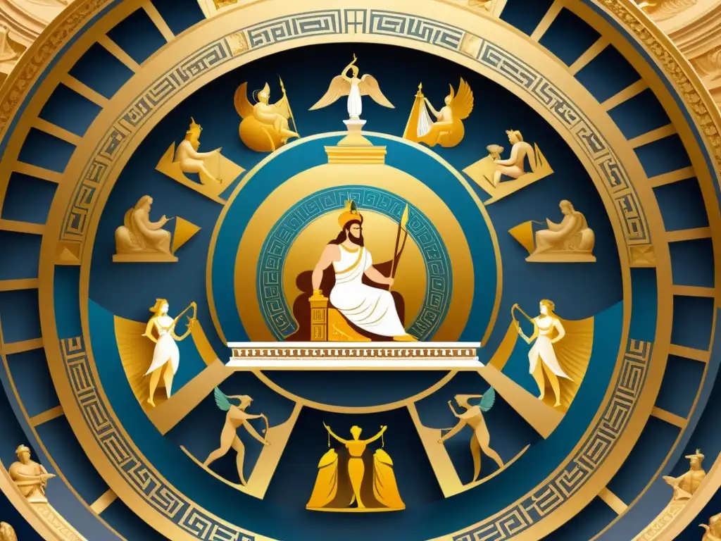 Detalle ilustrado de los dioses griegos en el Monte Olimpo, con Zeus en el centro y otros dioses como Hera, Atenea y Poseidón