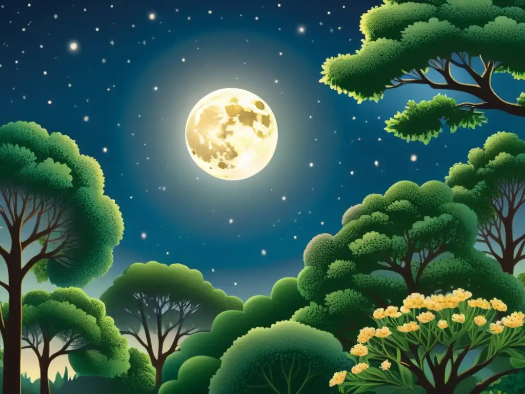 Detalle ilustrado: noche serena, luna llena brilla sobre bosque tranquilo, influencia lunar rituales curación