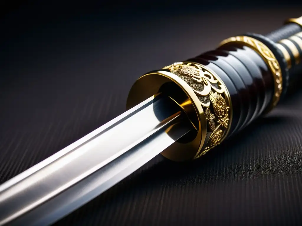 Detalle impresionante de una katana japonesa con patrón hamon y tsukamaki