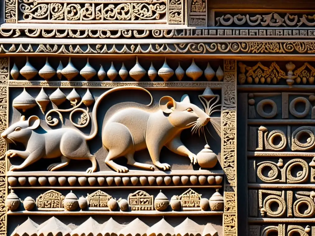 Detalle impresionante de tallados en el Templo de Ratones en India, iluminados por el sol