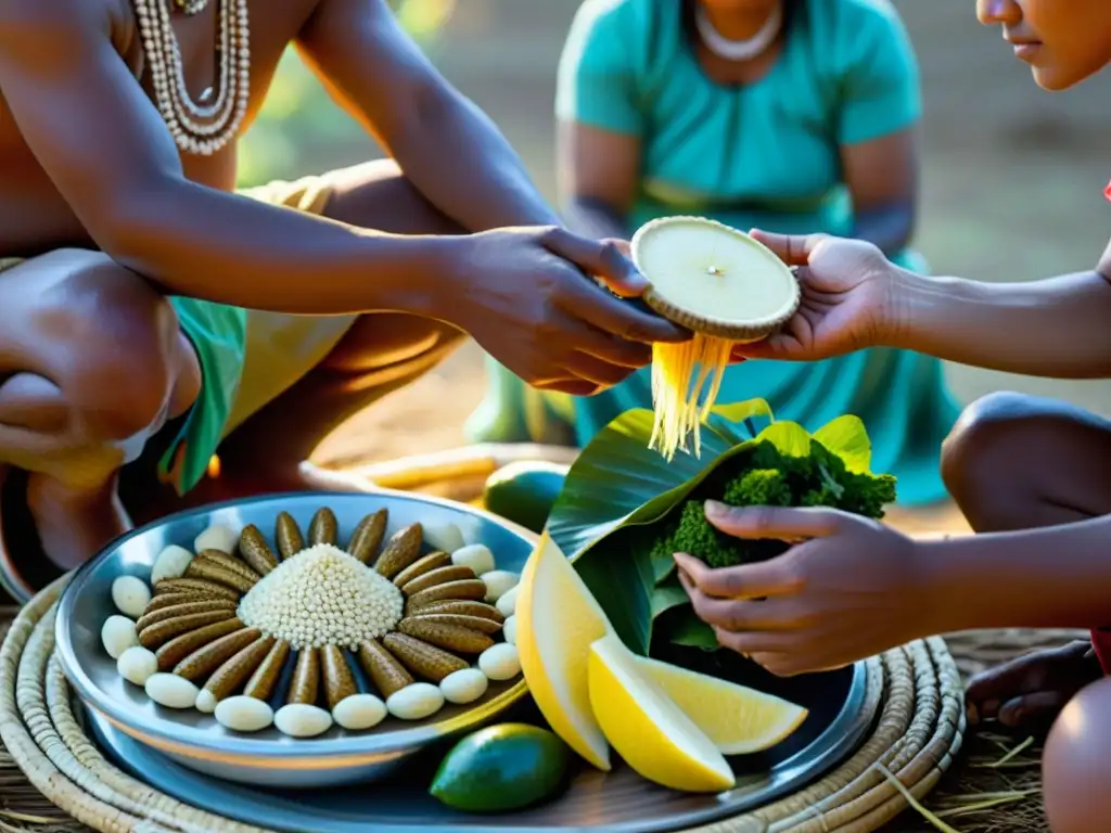 Detalle increíble de un ritual indígena con tabúes alimenticios en rituales, mostrando reverencia y solemnidad