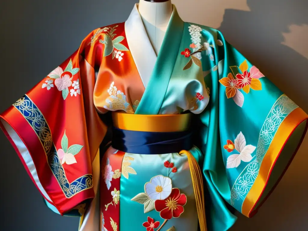 Detalle de un kimono de boda japonés, con bordados intrincados y seda delicada