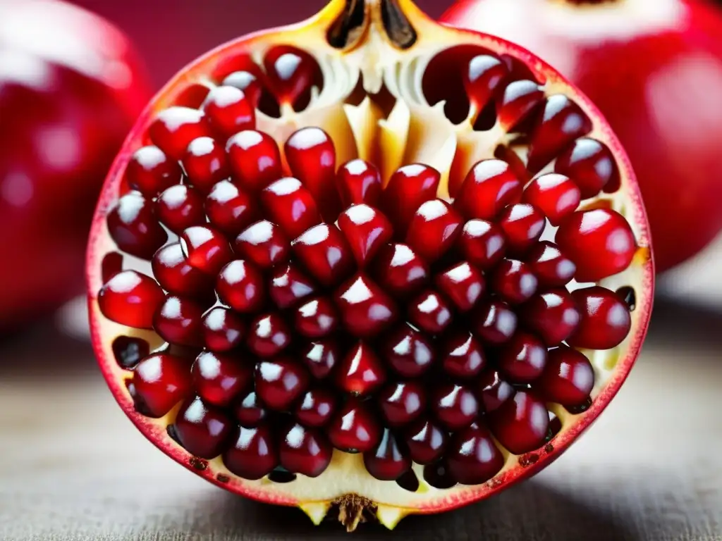 Detalle de granada madura cortada, con semillas brillantes y ricas en antioxidantes, en un entorno tranquilo y natural