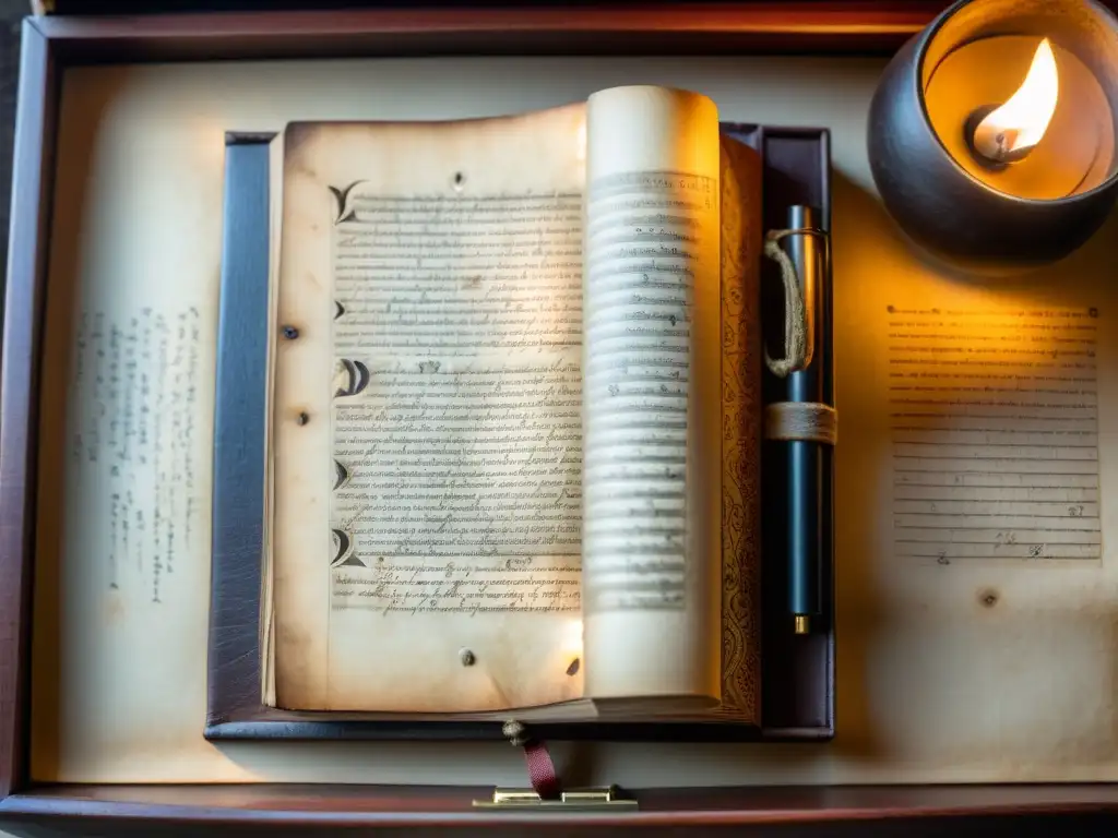 Detalle de manuscrito antiguo con símbolos y texto encriptado, iluminado por luz cálida