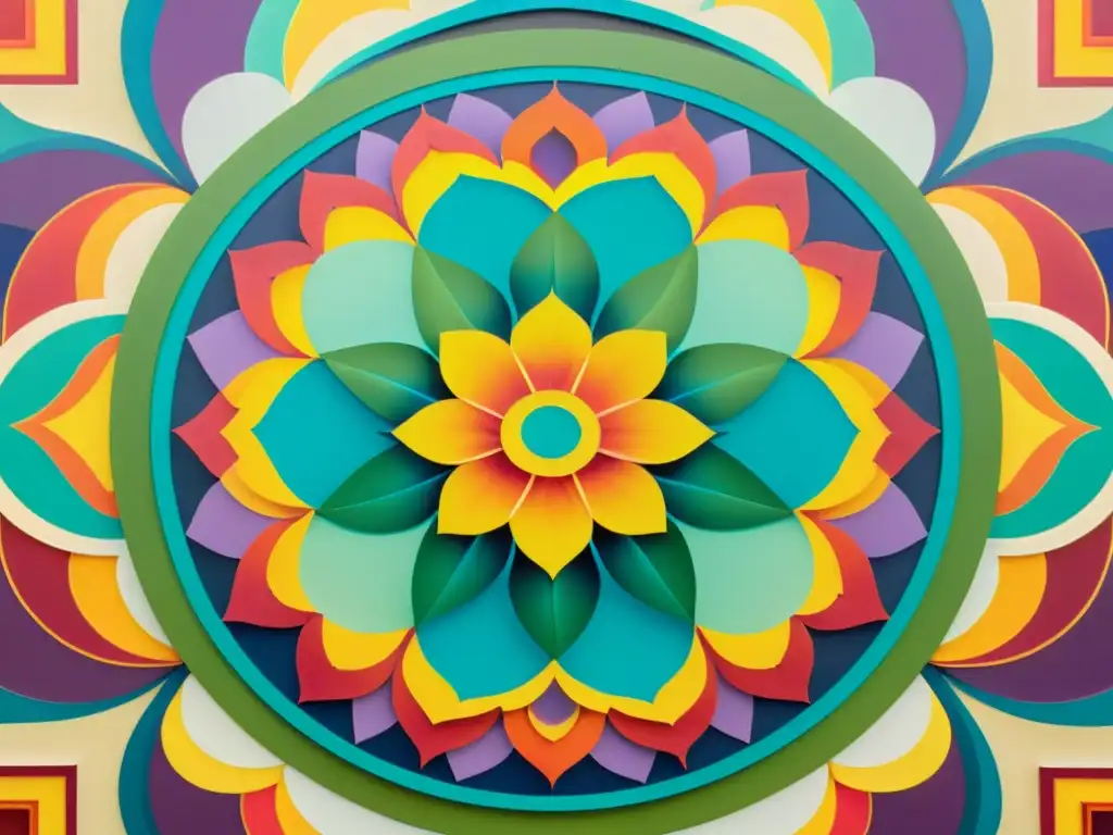 Detalle de una obra de arte contemporáneo inspirada en mandalas, con patrones geométricos e intensos colores