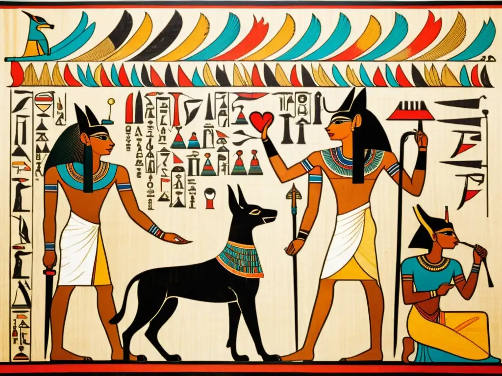 Detalle de papiro egipcio con rituales de juicio del corazón: Anubis y Thoth supervisan la ceremonia, con jeroglíficos y colores vibrantes