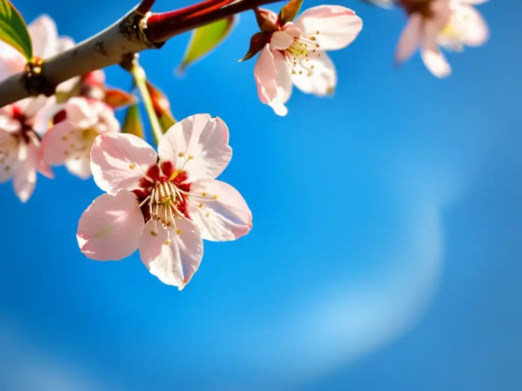 Detalle primoroso de un pétalo de cerezo en flor, con sus delicadas venas rosadas y un fondo borroso de más flores y cielo azul sereno