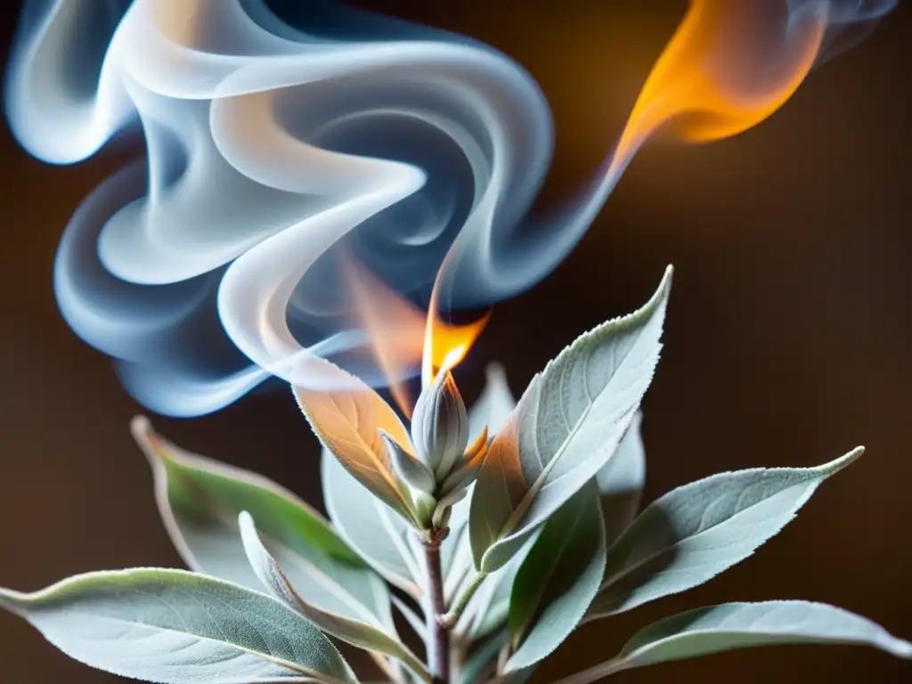 Detalle de un ritual de limpieza energética con salvia blanca encendida, envuelta en humo, evocando tranquilidad y antigua tradición