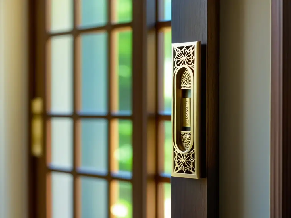 Detalle del significado espiritual de la mezuzá judaísmo en la puerta de una casa, bañada en luz natural