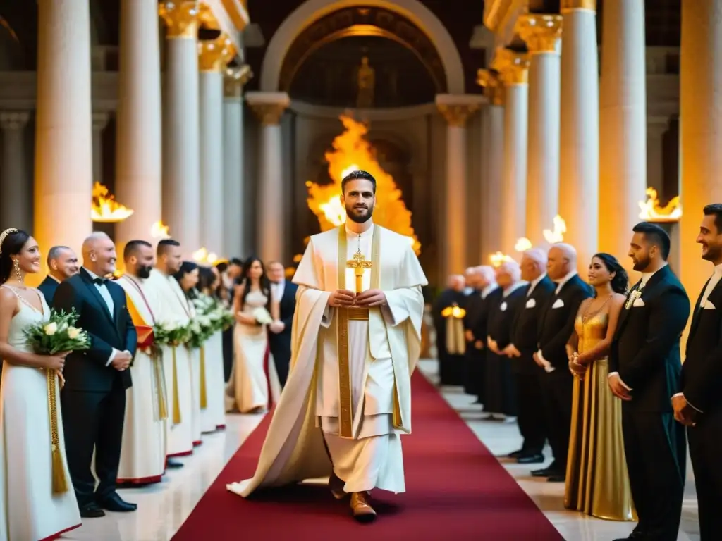 Detalle de una solemne ceremonia de bodas romana con rituales antiguos en un majestuoso templo de mármol