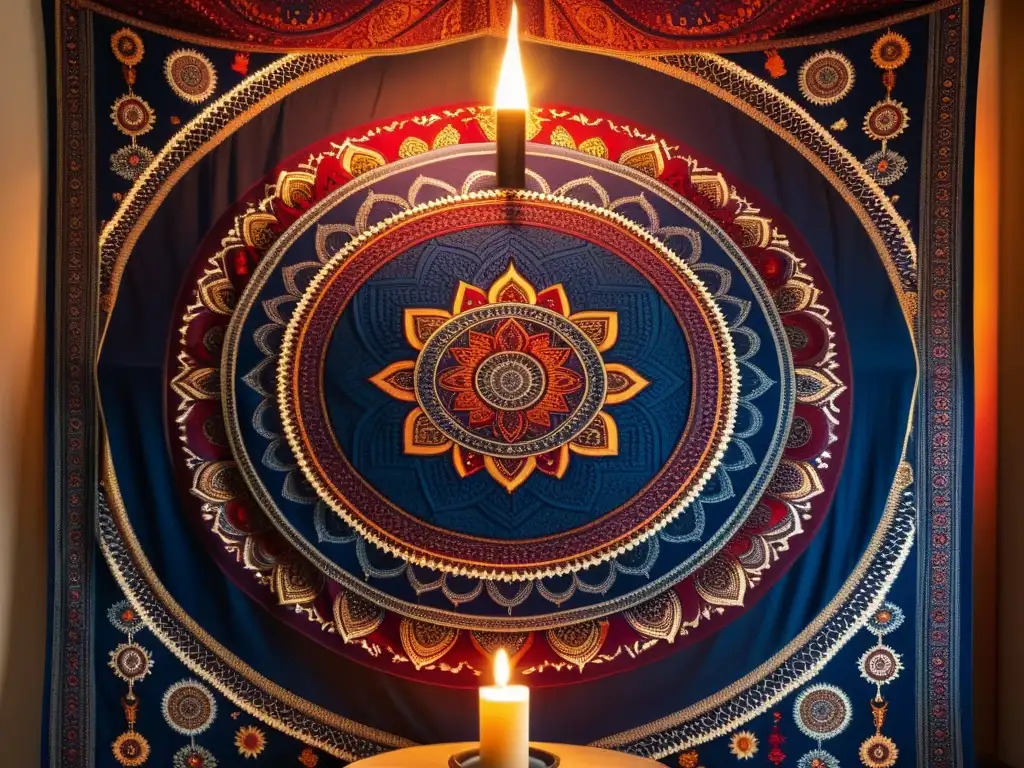 Detalle de tapiz tejido con mandala en colores vibrantes, iluminado por velas