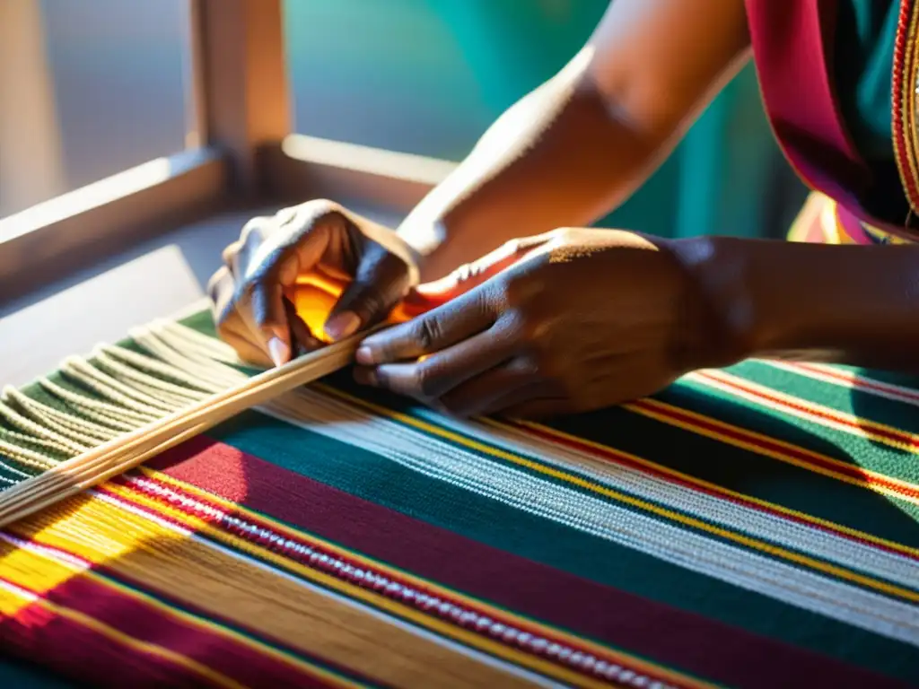 Detalle de tejido a mano de vestimenta indígena, con patrones y colores vibrantes