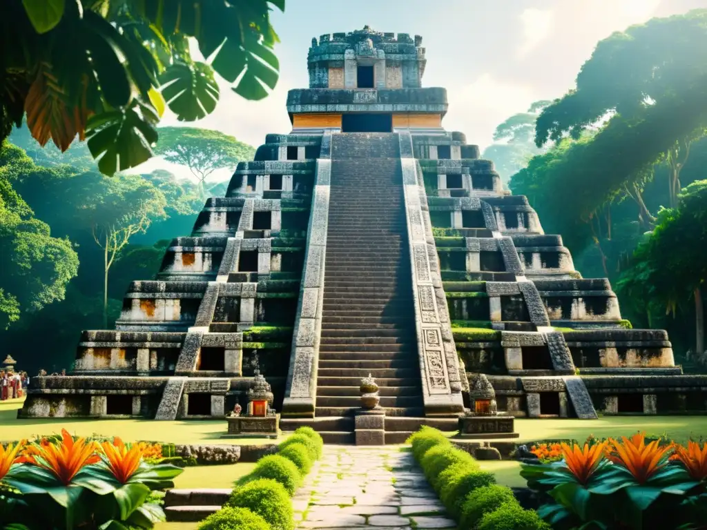 Detalle de un templo maya antiguo con altares y escaleras de piedra, rodeado de exuberante vegetación