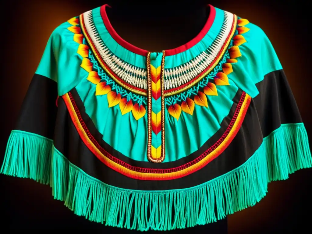 Detalle de traje chamánico evoca la evolución espiritual y la rica herencia cultural, con intrincados bordados y colores simbólicos