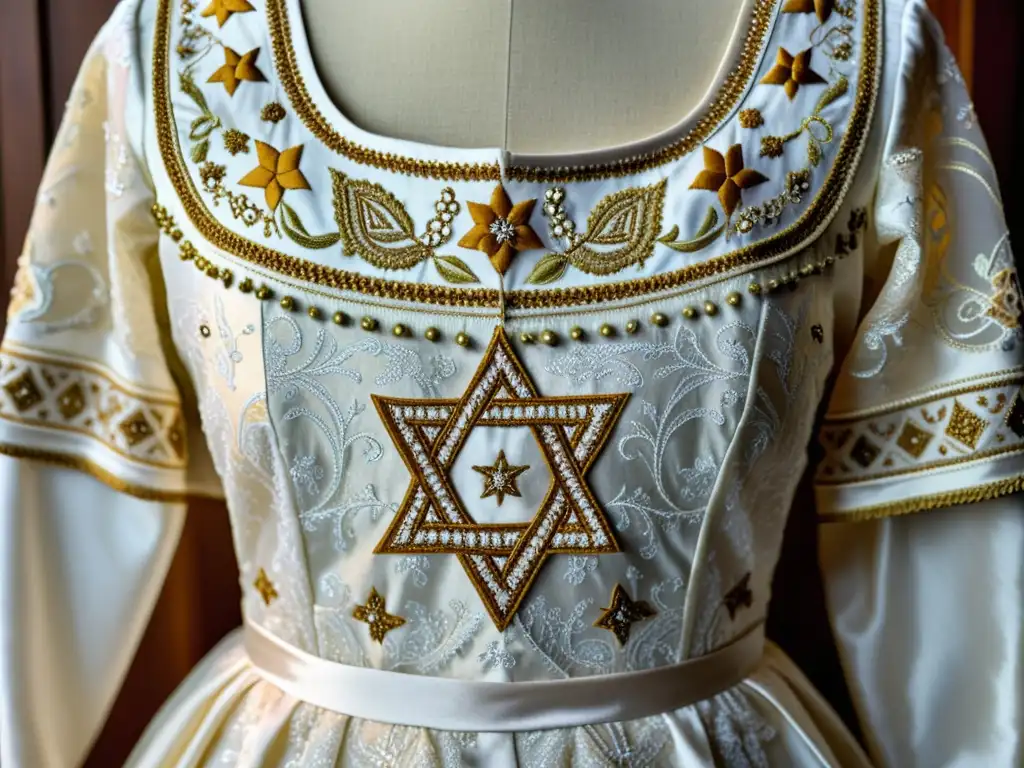 Detalle de un vestido de novia tradicional judío con bordados intrincados y motivos simbólicos como la Estrella de David