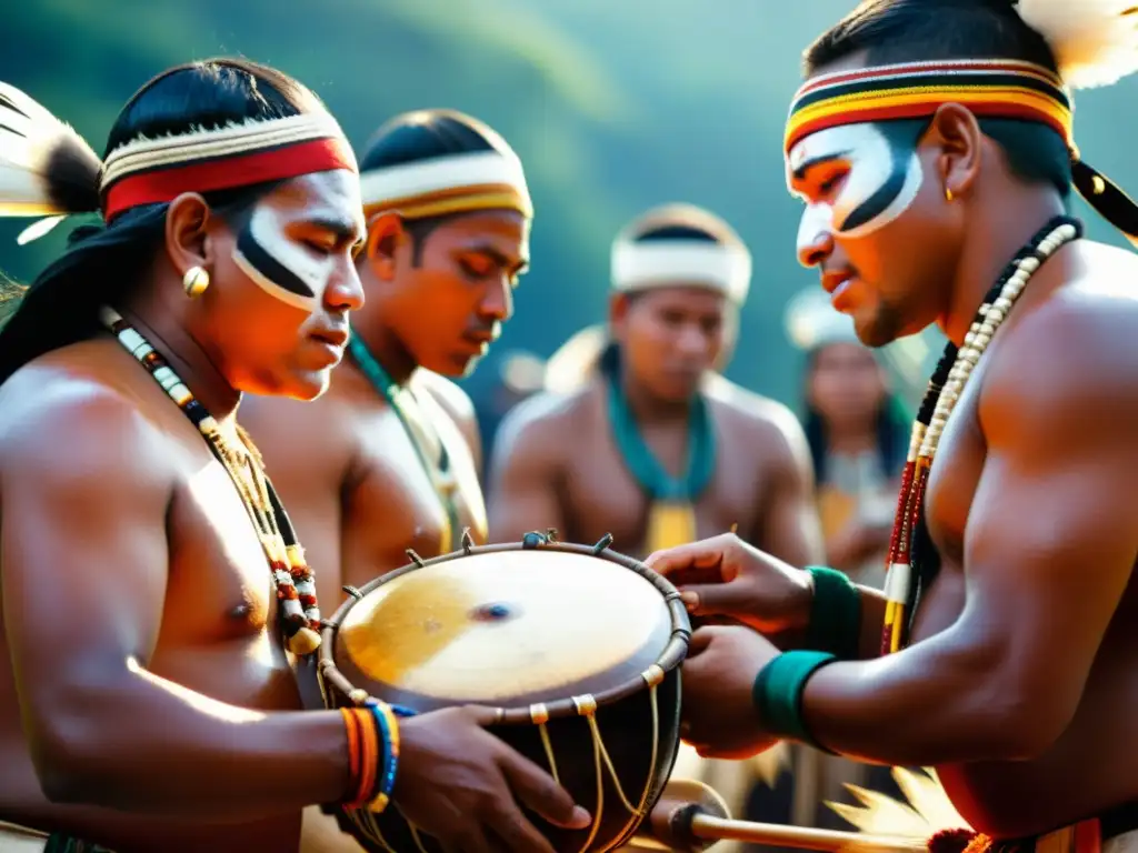 Detalle vibrante de músicos indígenas en ritual tradicional