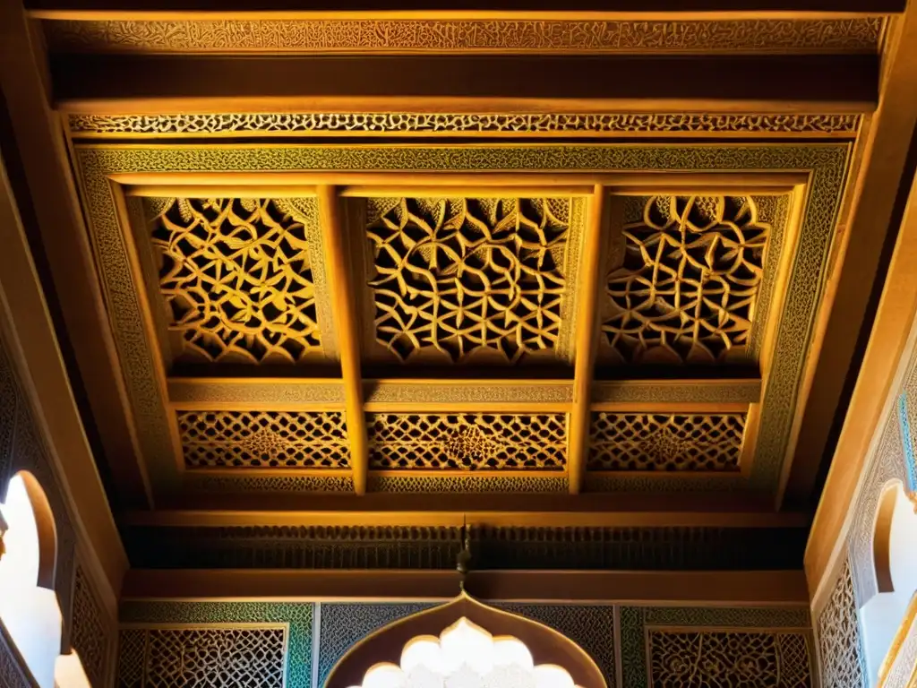 Detalles geométricos vibrantes en el techo de la Alhambra, Granada, destacando la influencia de la geometría sagrada en la arquitectura islámica