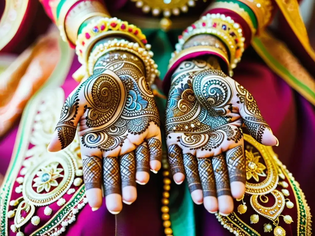 Detalles de henna en manos de novia, simbolizando belleza y alegría en bodas musulmanas