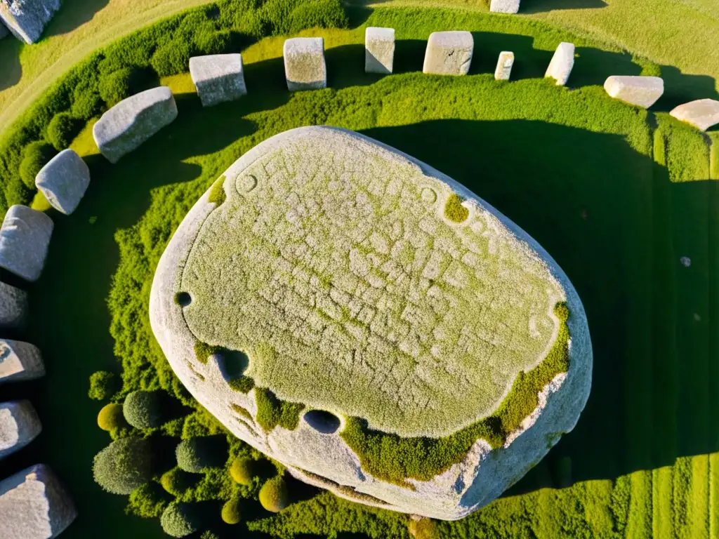 Detalles místicos de Stonehenge, con símbolos antiguos iluminados por el sol del solsticio