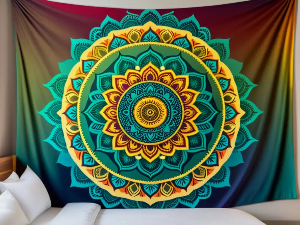 Detalles de un tapiz mandala colorido y simétrico en la pared, resaltando su significado en la decoración ritualística