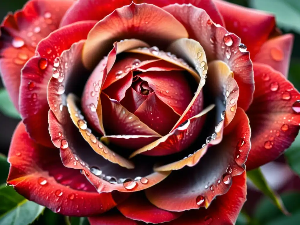 Detalles ultra definidos de una rosa roja con rocío, simbolismo botánico en rituales amorosos