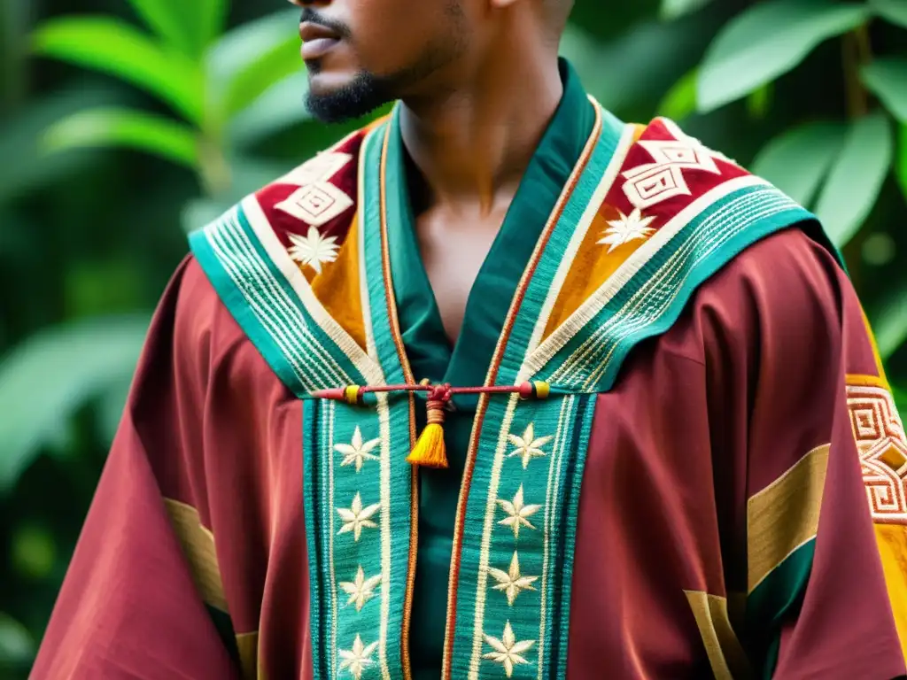 Robe ceremonial eco-amigable en ritual sagrado Detalles de una vestimenta ritual con materiales ecológicos, usada en un entorno natural y sagrado, resaltando su belleza y significado cultural