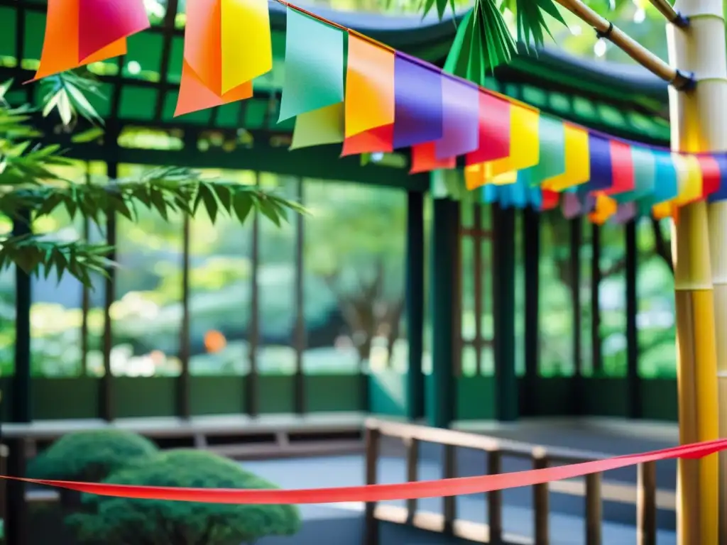 Detalles vibrantes del Festival Tanabata: sasa, origami y jardín japonés transmiten armonía espiritual