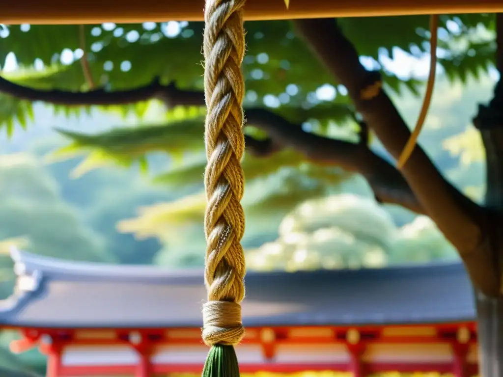 Detalles vibrantes del Shimenawa adornando la entrada de un santuario sintoísta en Japón, evocando tradiciones sintoístas de Año Nuevo en Japón