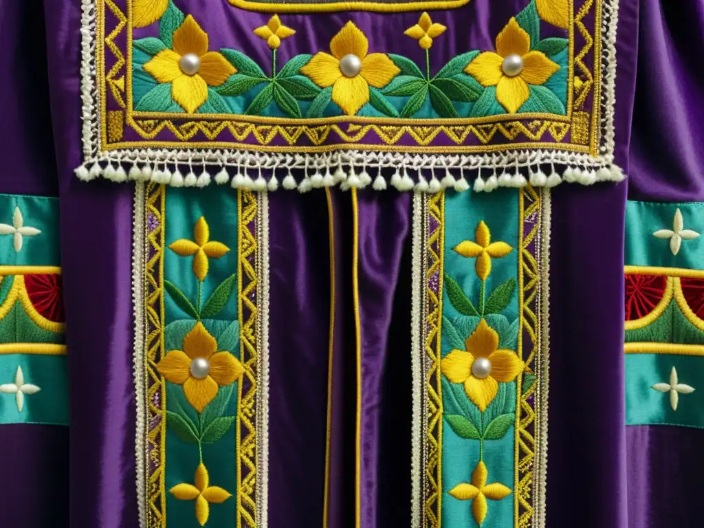 Detalles bordados de una túnica de Semana Santa: artesanía y simbolismo Detalles vibrantes y simbología religiosa en el bordado de una icónica túnica procesional, reflejando los rituales de Semana Santa en Hispanoamérica