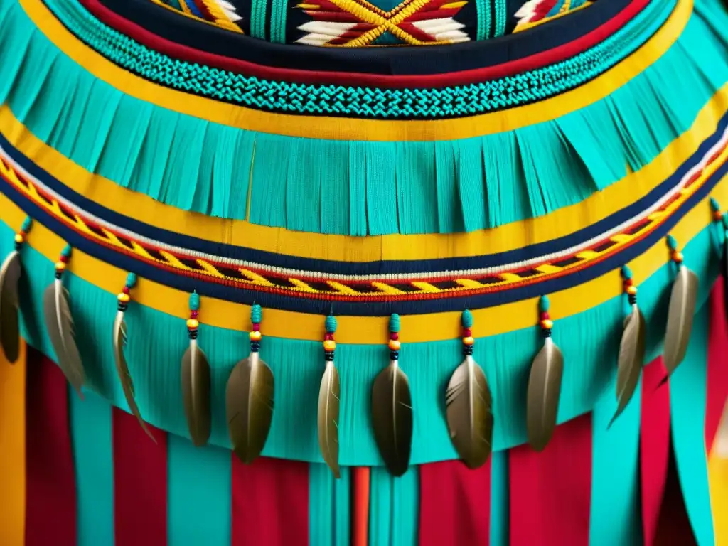 Detalles vibrantes de textiles ceremoniales indígenas amazónicos: plumas, tejidos y bordados en una prenda ceremonial Yagua