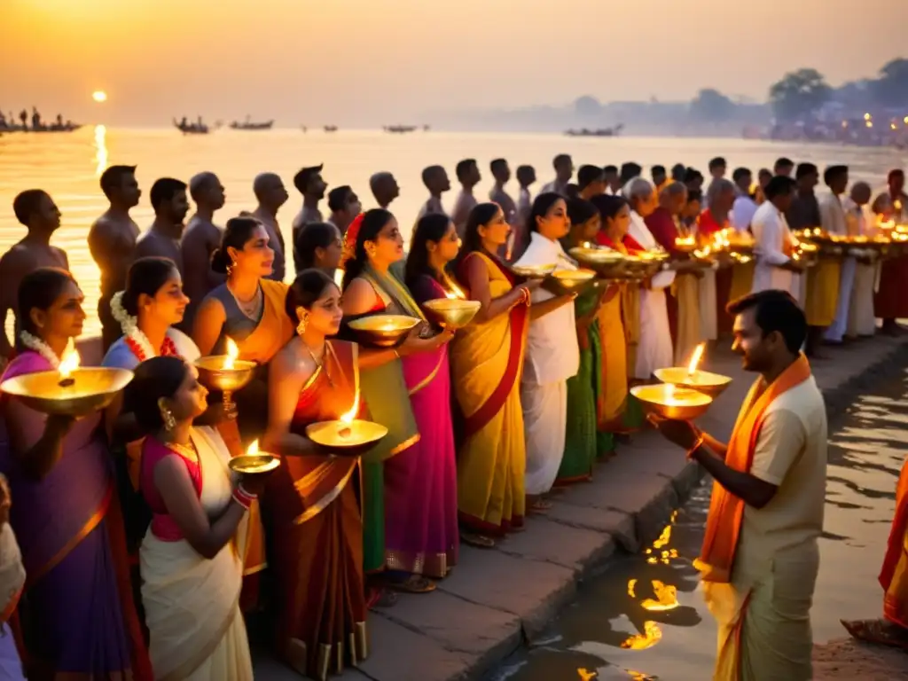 Hindu devotees realizan el ritual sagrado de Aarti en el río Ganges al atardecer, reflejando el significado de rituales hindúes sagrados