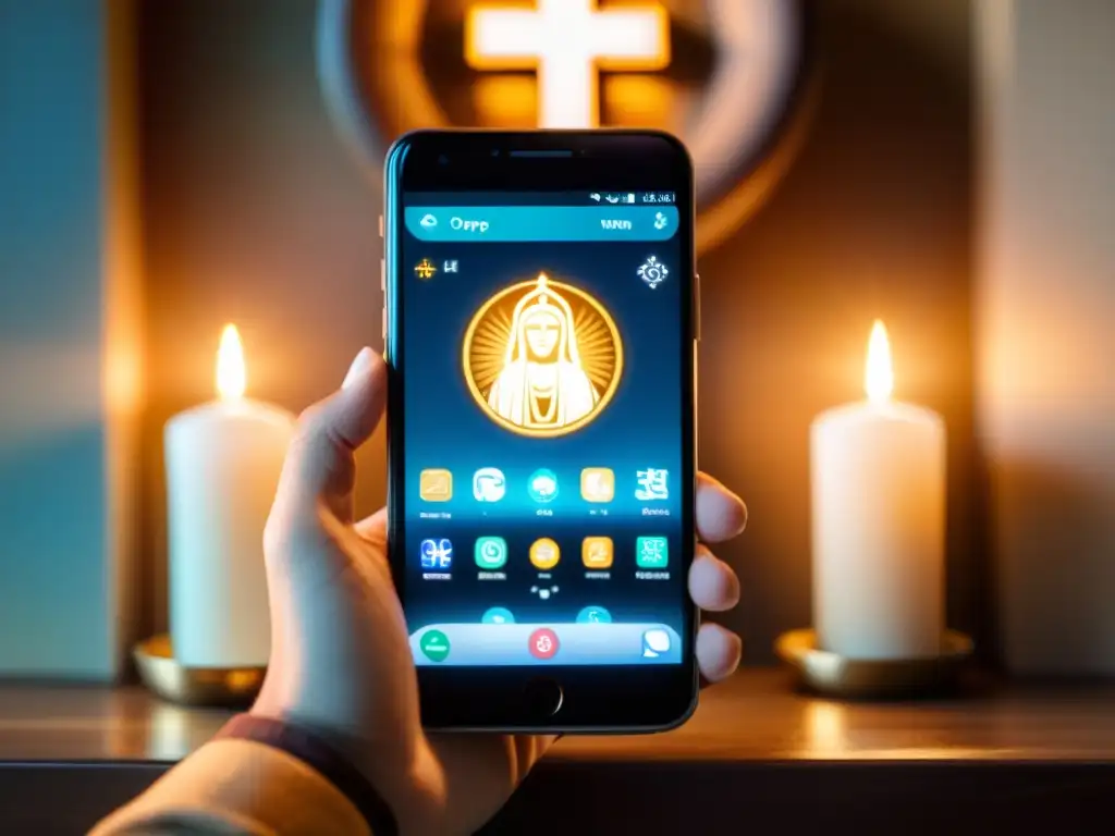 Un devoto interactúa con una app de rituales religiosos en su smartphone, mostrando la fusión de fe y tecnología