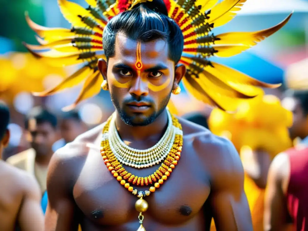 Un devoto carga un elaborado kavadi en el festival Thaipusam, mostrando determinación y devoción