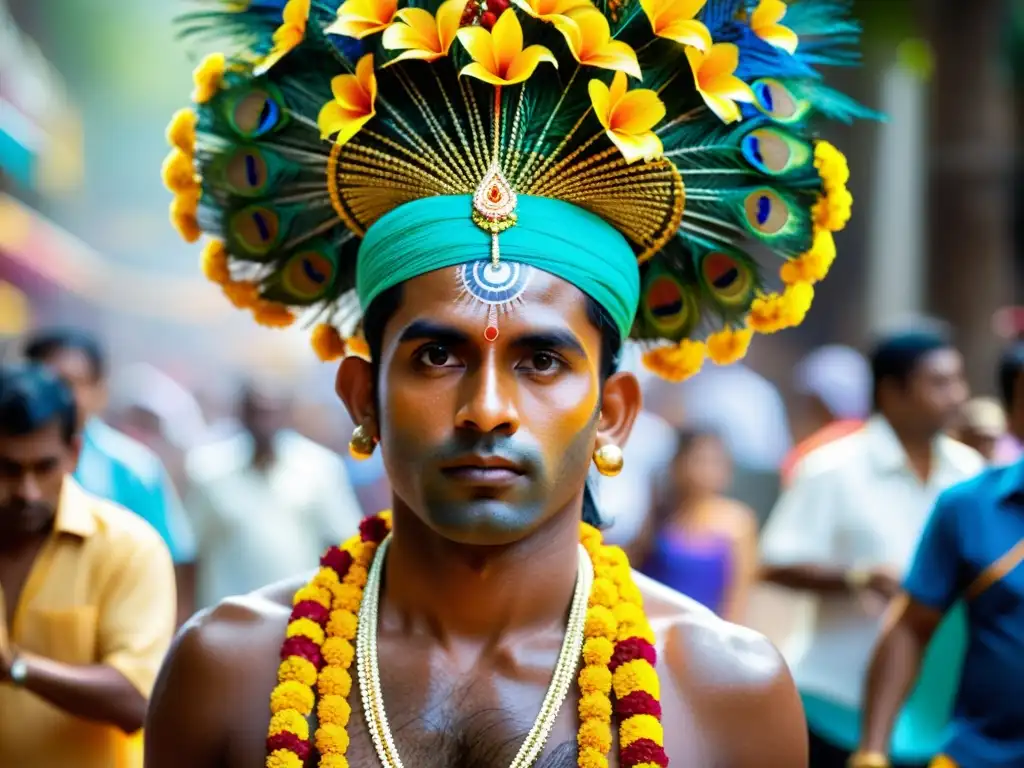 Un devoto lleva un kavadi durante el festival hindú Thaipusam, mostrando devoción y sacrificio