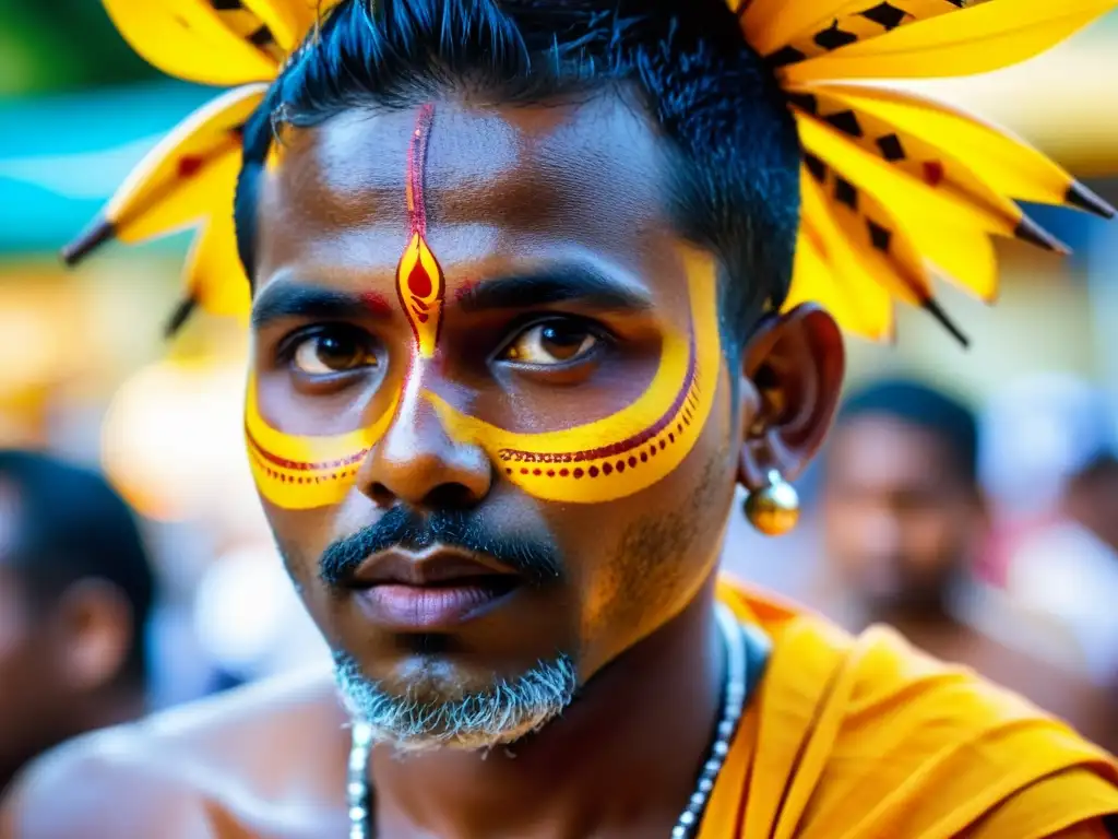 Un devoto en el festival hindú Thaipusam muestra su profunda devoción con un kavadi detallado y expresión serena