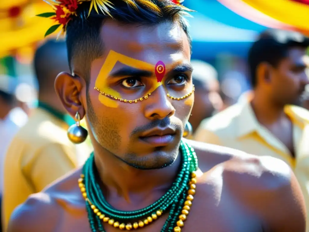 Un devoto participa en el festival hindú Thaipusam, mostrando sacrificio y devoción con su kavadi adornado