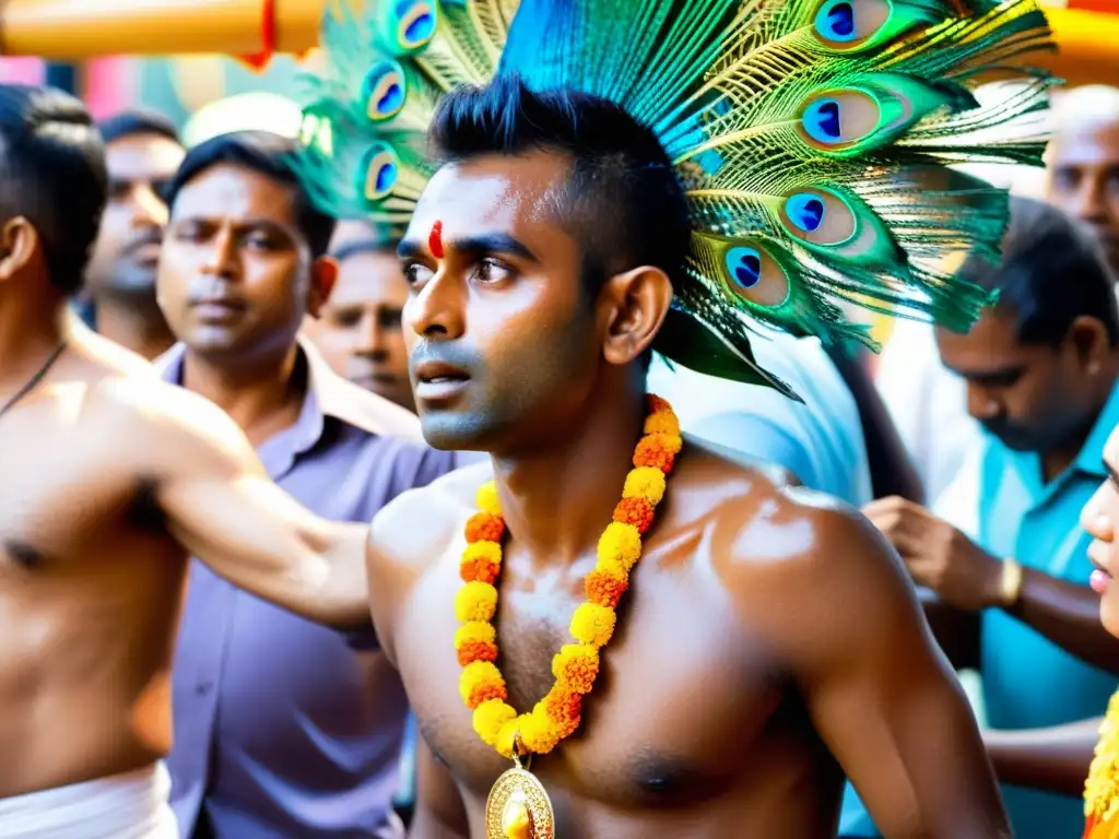 Un devoto en el festival Thaipusam llevando un Kavadi decorado con plumas y flores, rodeado de una multitud