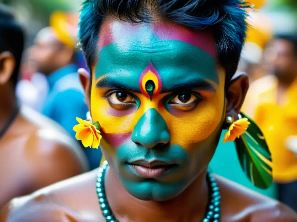 Un devoto participa en el festival Thaipusam, llevando un kavadi adornado con flores y plumas de pavo real, rodeado de fieles y espectadores