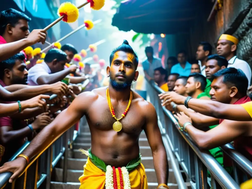 Un devoto hindú con múltiples perforaciones corporales lleva un kavadi, subiendo los 272 escalones hacia el templo de las Cuevas de Batu durante el festival hindú Thaipusam