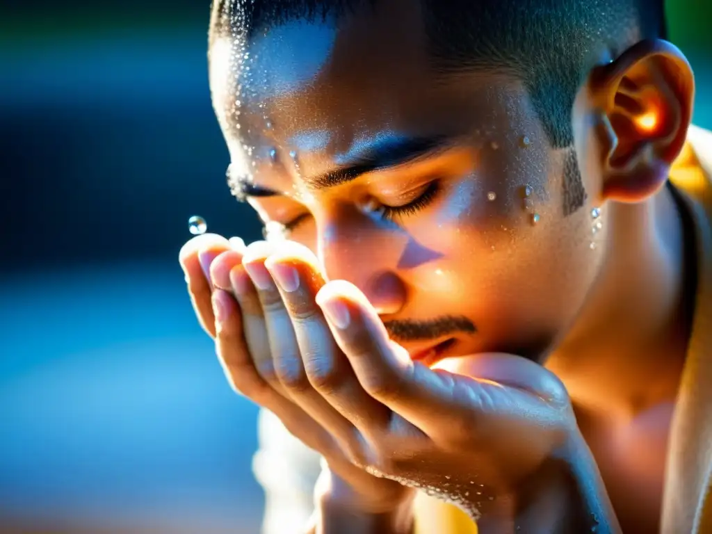 Un devoto realiza el ritual de Wudu, con agua goteando en sus manos y rostro, transmitiendo serenidad y devoción