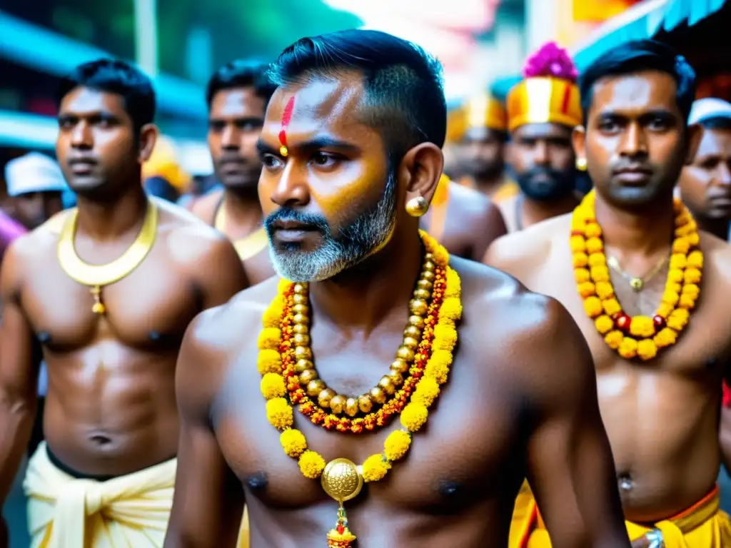 Devotos tamil en el festival Thaipusam, cargando kavadis y ofrendas, transmiten devoción y energía