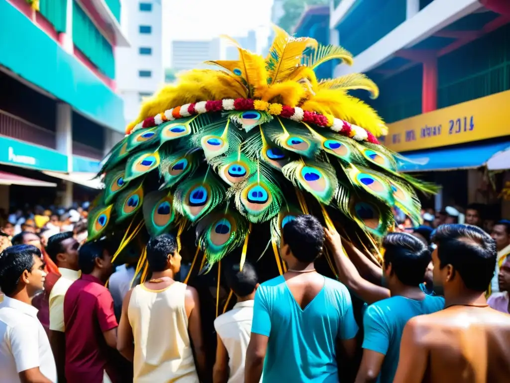 Devotos hindúes llevando un Kavadi durante el festival hindú Thaipusam, mostrando sacrificio y devoción en medio de la vibrante procesión