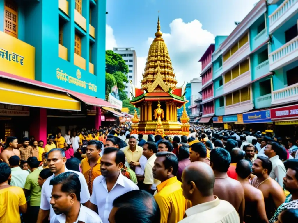 Devotos en el festival Thaipusam, con vibrantes colores, kavadis elaborados y piercings