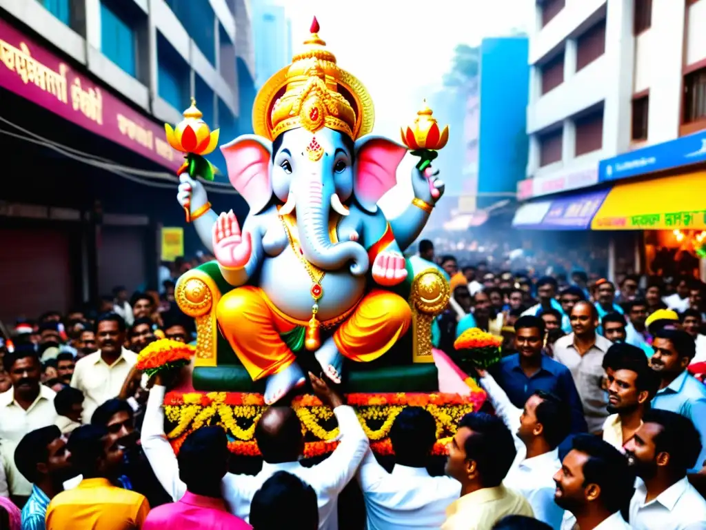 Devotos hindúes llevan una estatua de Lord Ganesh en una procesión vibrante del ritual cultural del Ganesh Chaturthi, llena de color y alegría