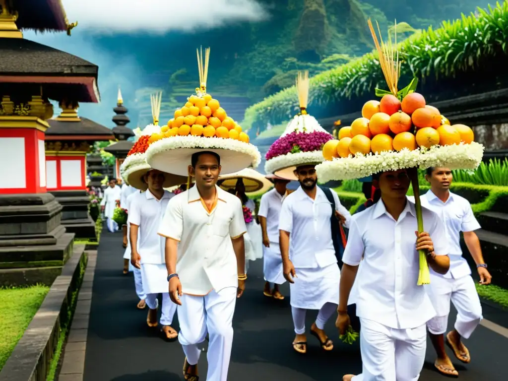 Devotos hindúes en Bali llevan ofrendas en un ritual religioso al templo al atardecer