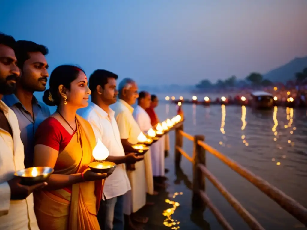 Devotos hindúes participan en el ritual Aarti en el río Ganges al atardecer, iluminando la escena con una atmósfera espiritual